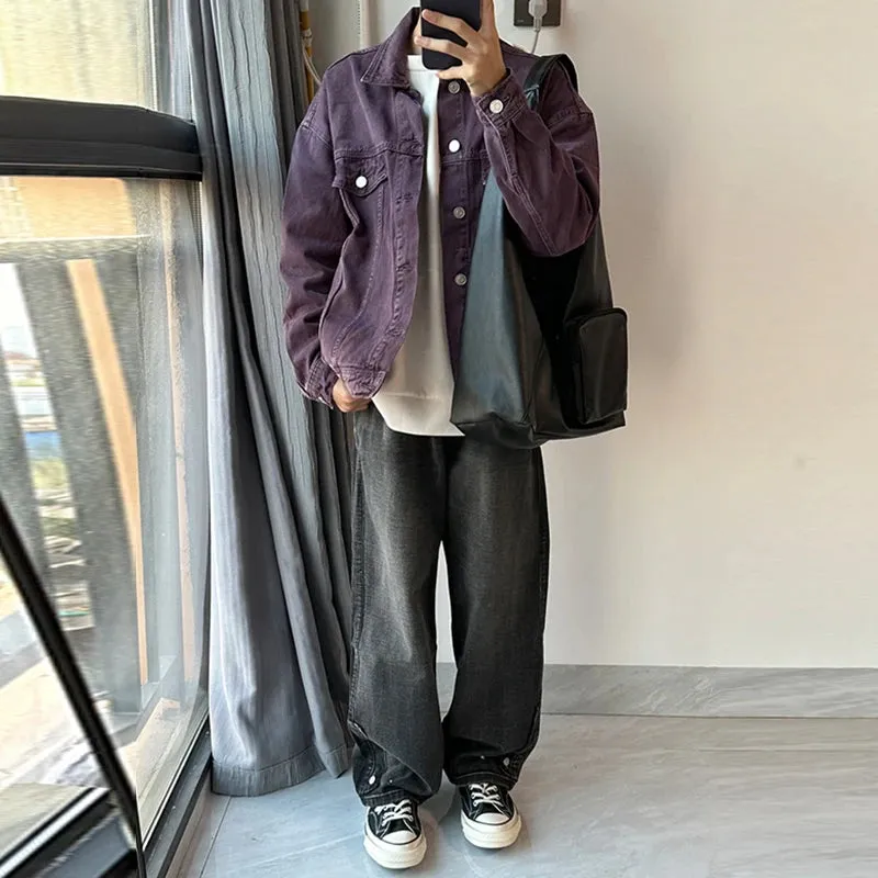 Wiaofellas   -  Men's Vintage Washed Purple Denim Jacket Streetwear Fashion Cargos Fake Pockets Button-down Shirt Coats Retro Popular M-3XL