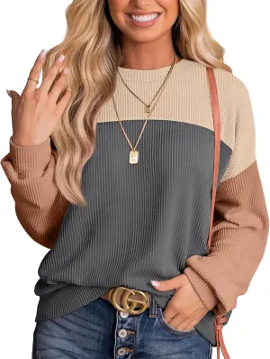 WIHOLL Womens Fall Fashion 2024 Color Block Long Sleeve Crewneck Knitted Ribbed Shirts Tunic Tops Casual Loose Trendy