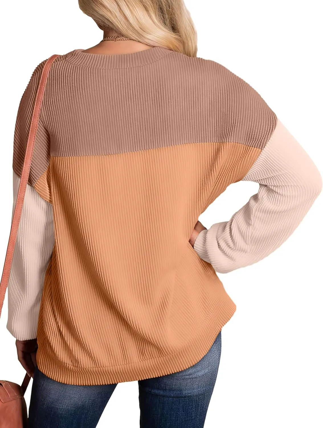 WIHOLL Womens Fall Fashion 2024 Color Block Long Sleeve Crewneck Knitted Ribbed Shirts Tunic Tops Casual Loose Trendy