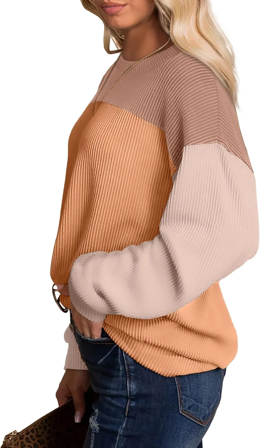 WIHOLL Womens Fall Fashion 2024 Color Block Long Sleeve Crewneck Knitted Ribbed Shirts Tunic Tops Casual Loose Trendy