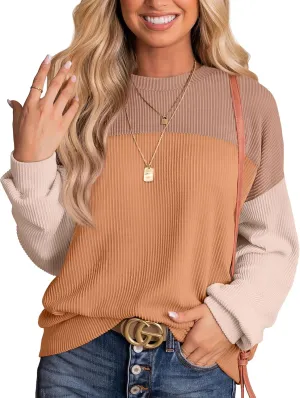 WIHOLL Womens Fall Fashion 2024 Color Block Long Sleeve Crewneck Knitted Ribbed Shirts Tunic Tops Casual Loose Trendy