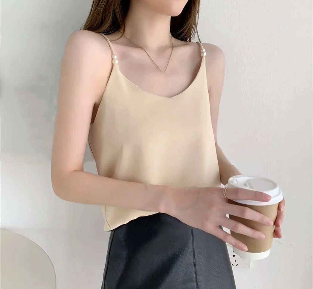 Woman Pearls Sleeveless Casual T-Shirt Summer Office Lady Elegant Camisole Vacation Beach Vest