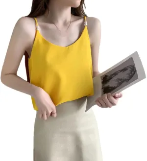 Woman Pearls Sleeveless Casual T-Shirt Summer Office Lady Elegant Camisole Vacation Beach Vest