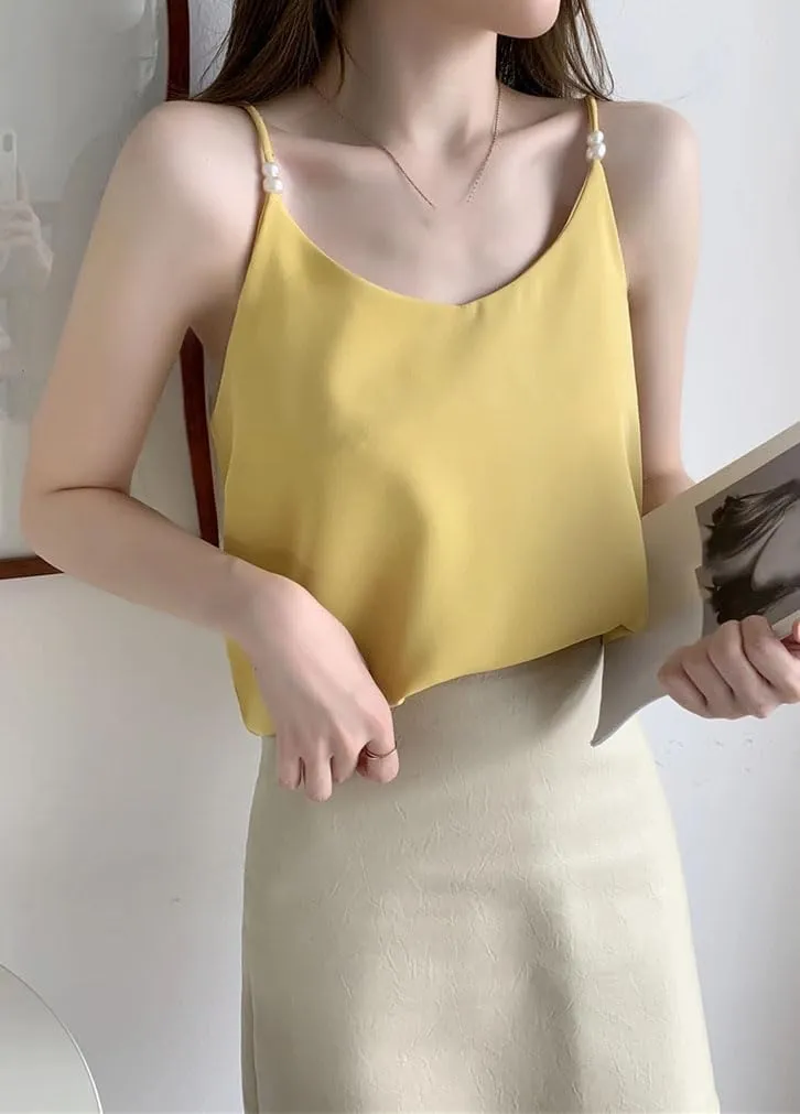 Woman Pearls Sleeveless Casual T-Shirt Summer Office Lady Elegant Camisole Vacation Beach Vest