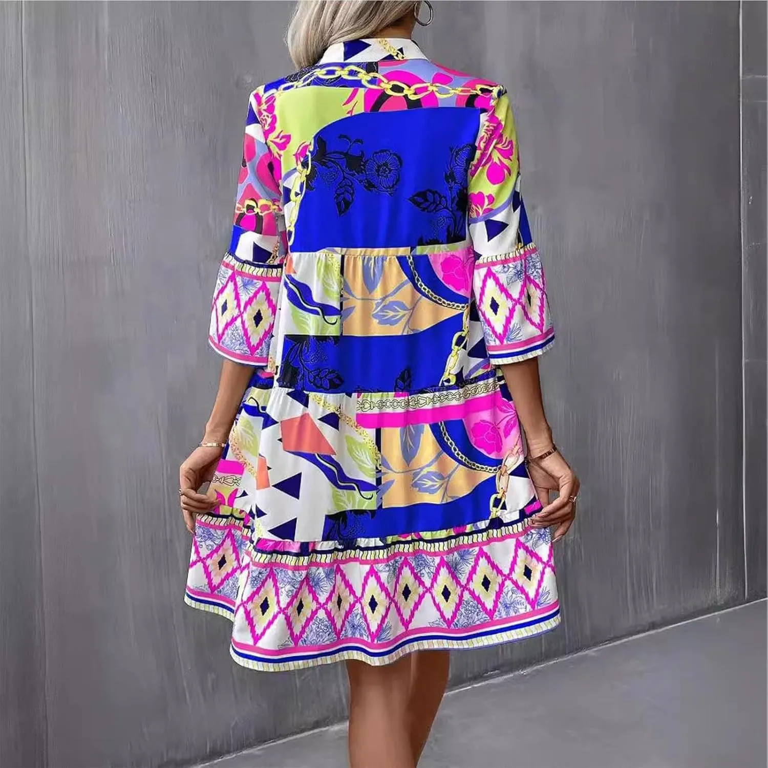 Women Casual Spring Summer Dresses V Neck 3/4 Long Sleeve Ruffle Floral Flowy Boho Babydoll Mini Short Beach Dress