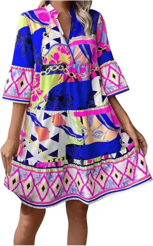 Women Casual Spring Summer Dresses V Neck 3/4 Long Sleeve Ruffle Floral Flowy Boho Babydoll Mini Short Beach Dress