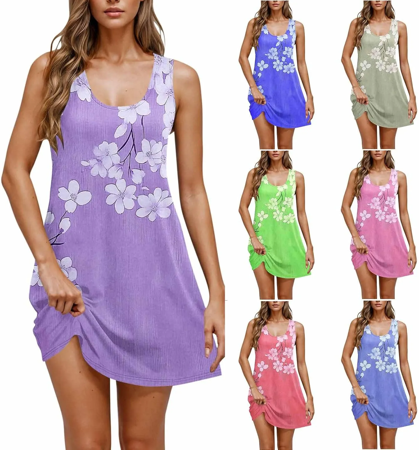 Women Casual Summer Tunic Dresses 2025 Boho Sleeveless Sundresses Vacation Travel Beach Floral T Shirt Tank Mini Dress