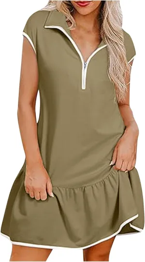 Women Dresses Casual Spring Summer Colorblock Cap Sleeve Half Zip Patchwork Tunic Mini Dress Flowy Swing Ruffles Dress