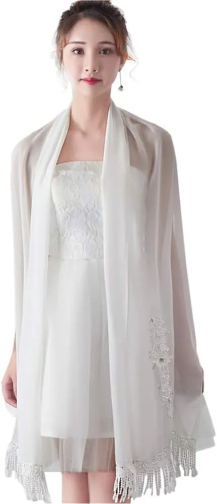 Women Elegant Sheer Chiffon Applique Long Wedding Evening Dress Shawl Wrap