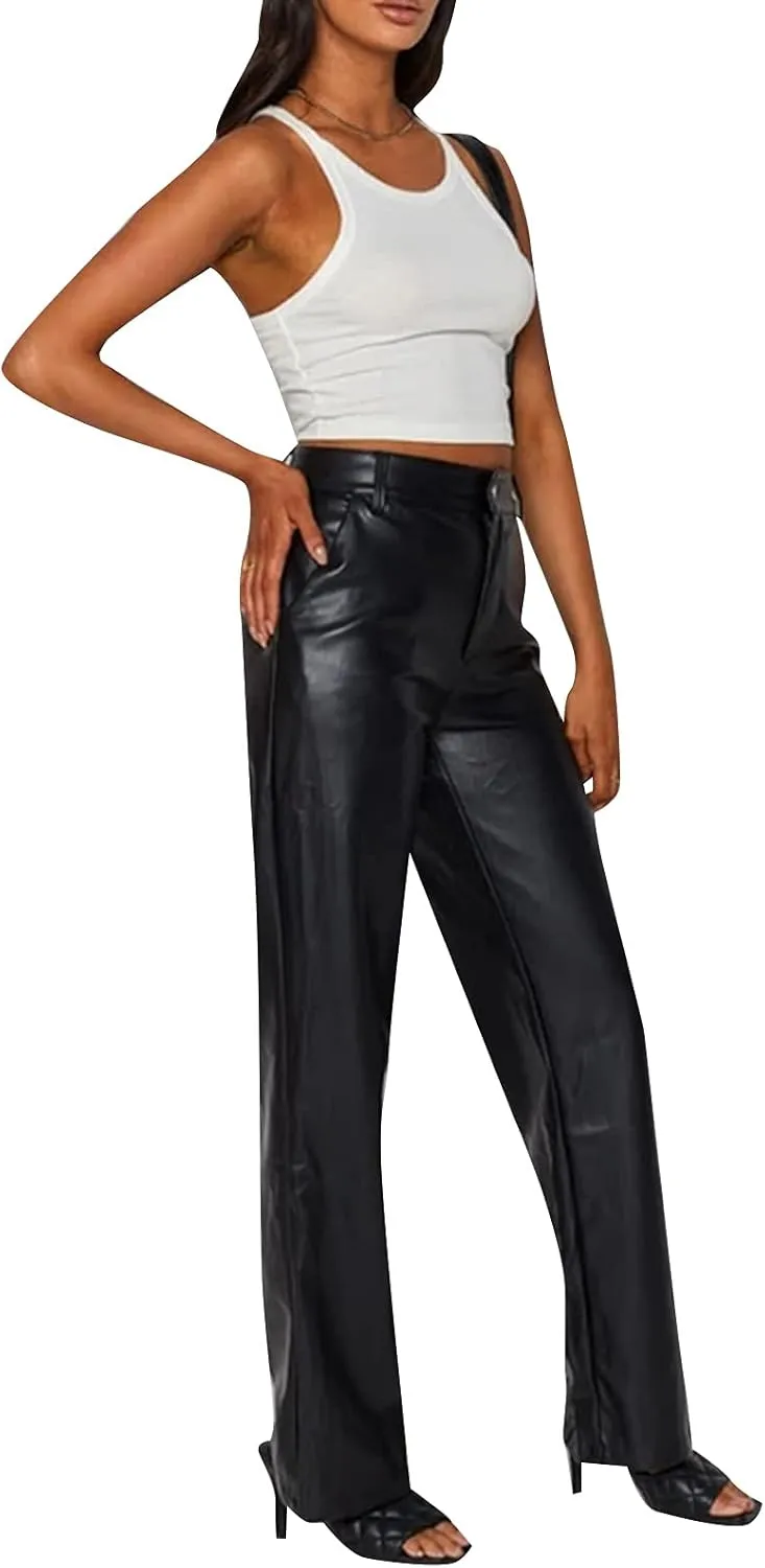 Women Faux Leather Flare Pants PU High Waisted Skinny Bell Bottoms Leggings Trendy Bootcut Pants with Slant Pocket