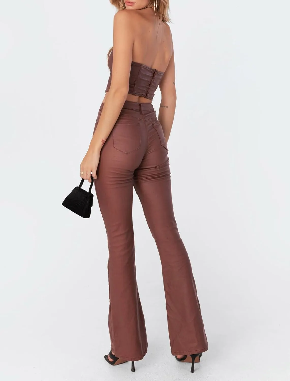 Women Faux Leather Flare Pants PU High Waisted Skinny Bell Bottoms Leggings Trendy Bootcut Pants with Slant Pocket