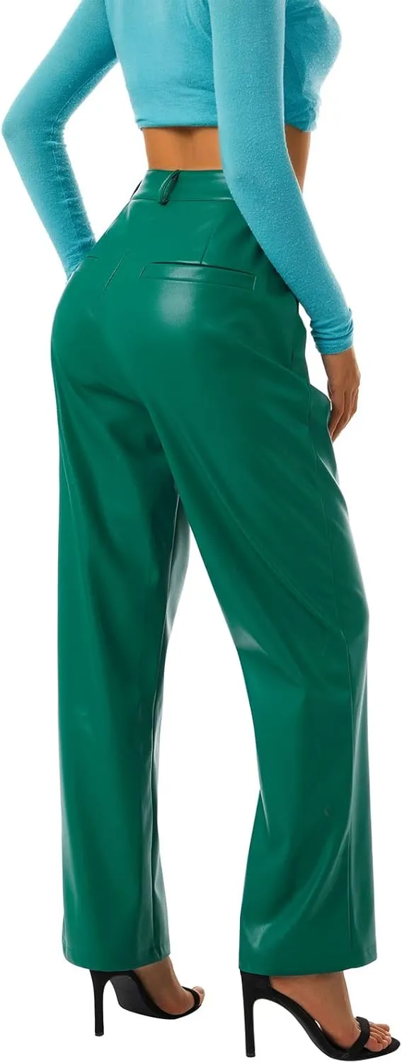 Women Faux Leather Flare Pants PU High Waisted Skinny Bell Bottoms Leggings Trendy Bootcut Pants with Slant Pocket