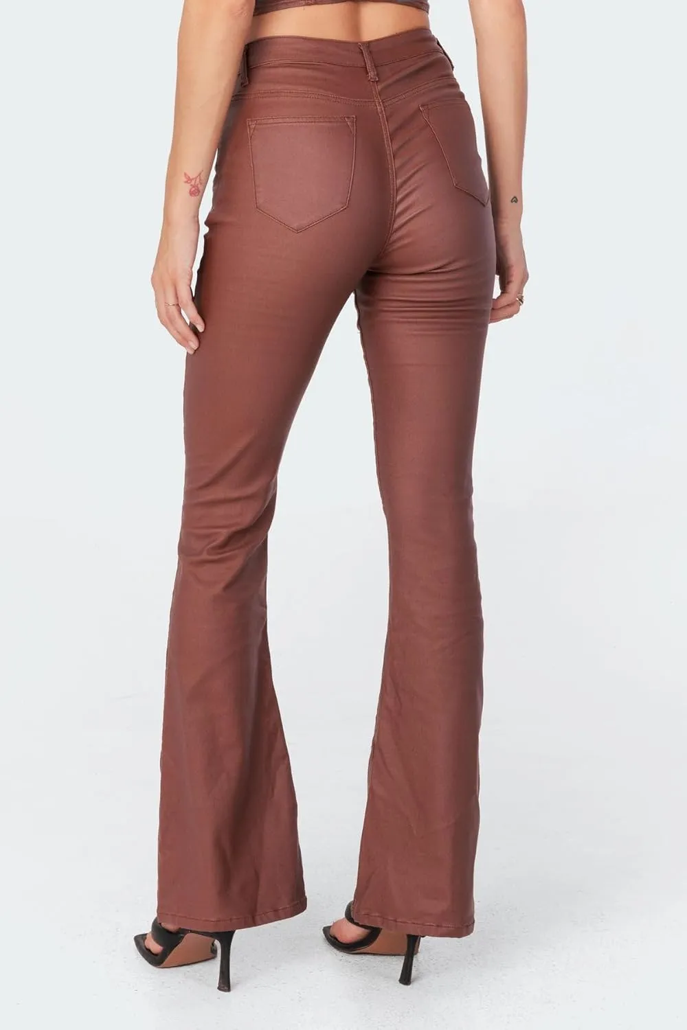 Women Faux Leather Flare Pants PU High Waisted Skinny Bell Bottoms Leggings Trendy Bootcut Pants with Slant Pocket