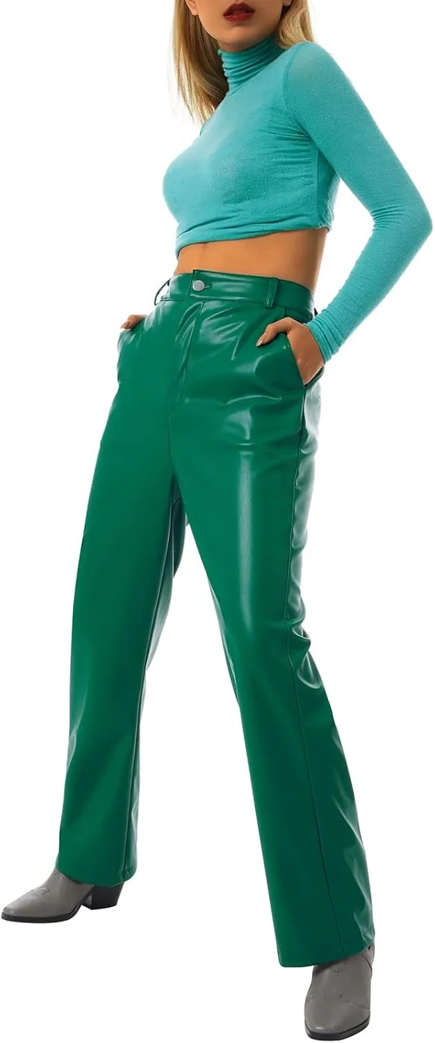 Women Faux Leather Flare Pants PU High Waisted Skinny Bell Bottoms Leggings Trendy Bootcut Pants with Slant Pocket