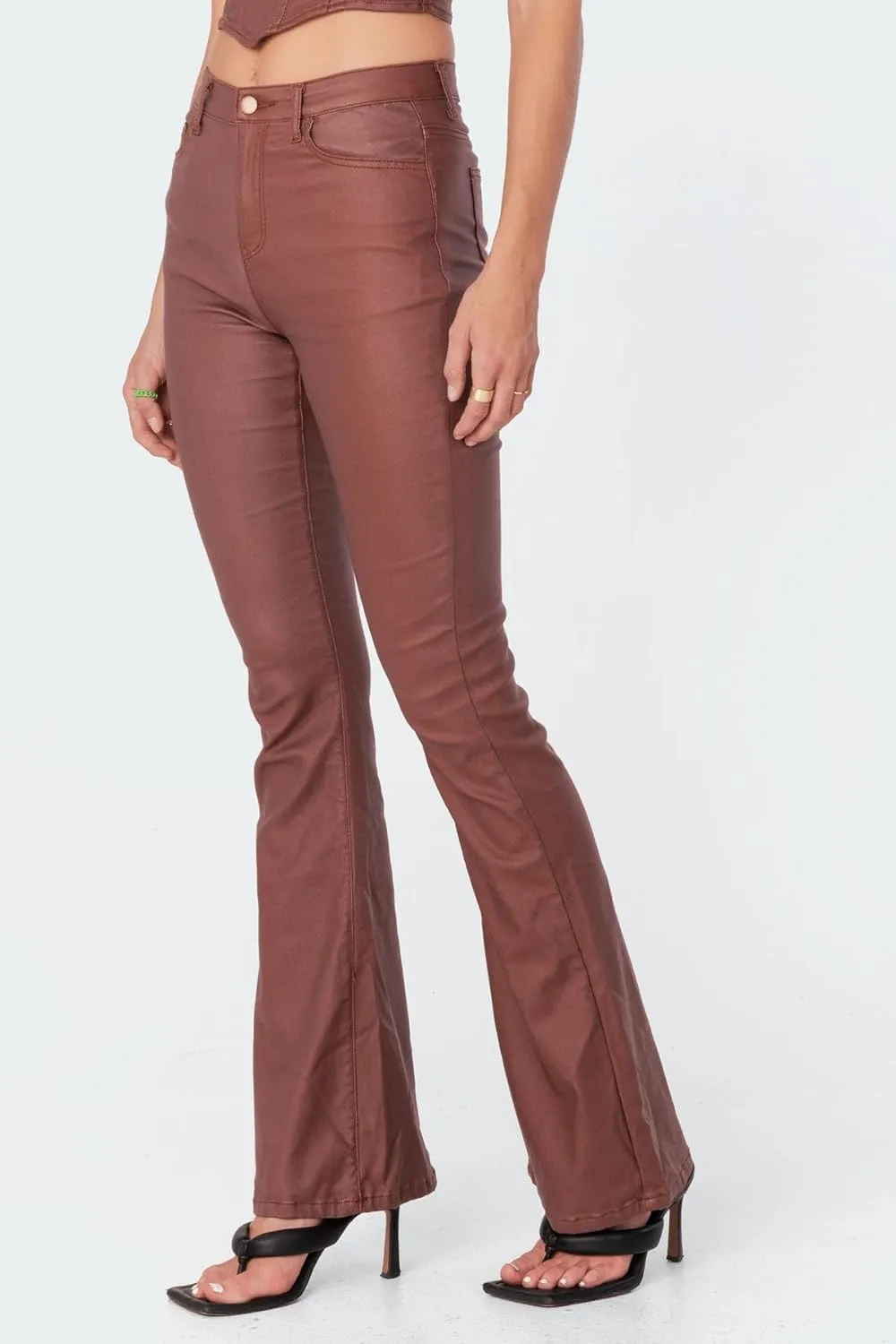Women Faux Leather Flare Pants PU High Waisted Skinny Bell Bottoms Leggings Trendy Bootcut Pants with Slant Pocket