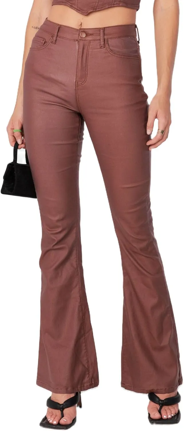 Women Faux Leather Flare Pants PU High Waisted Skinny Bell Bottoms Leggings Trendy Bootcut Pants with Slant Pocket