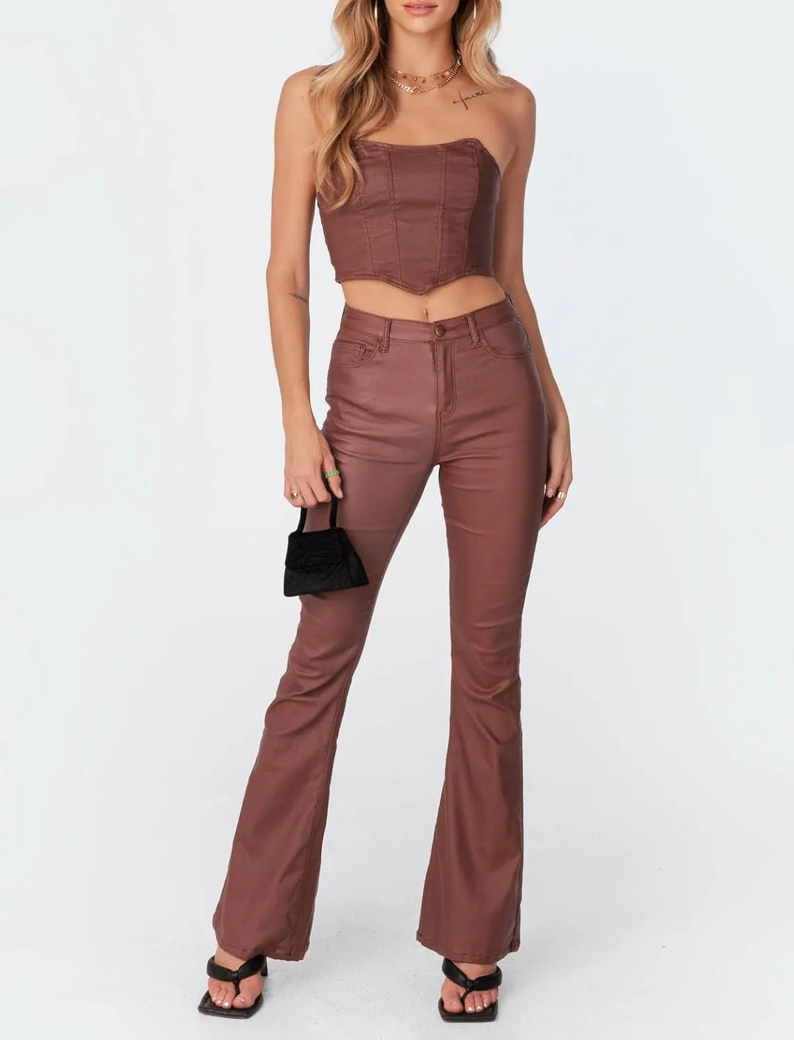 Women Faux Leather Flare Pants PU High Waisted Skinny Bell Bottoms Leggings Trendy Bootcut Pants with Slant Pocket