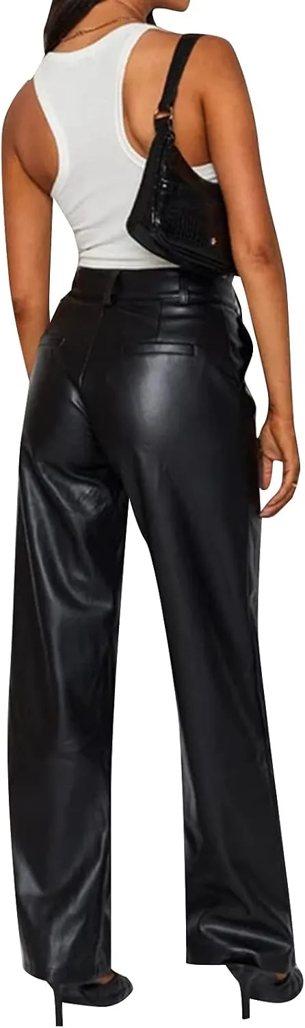 Women Faux Leather Flare Pants PU High Waisted Skinny Bell Bottoms Leggings Trendy Bootcut Pants with Slant Pocket