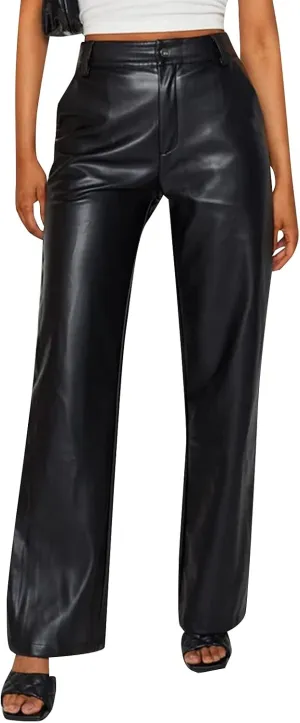 Women Faux Leather Flare Pants PU High Waisted Skinny Bell Bottoms Leggings Trendy Bootcut Pants with Slant Pocket
