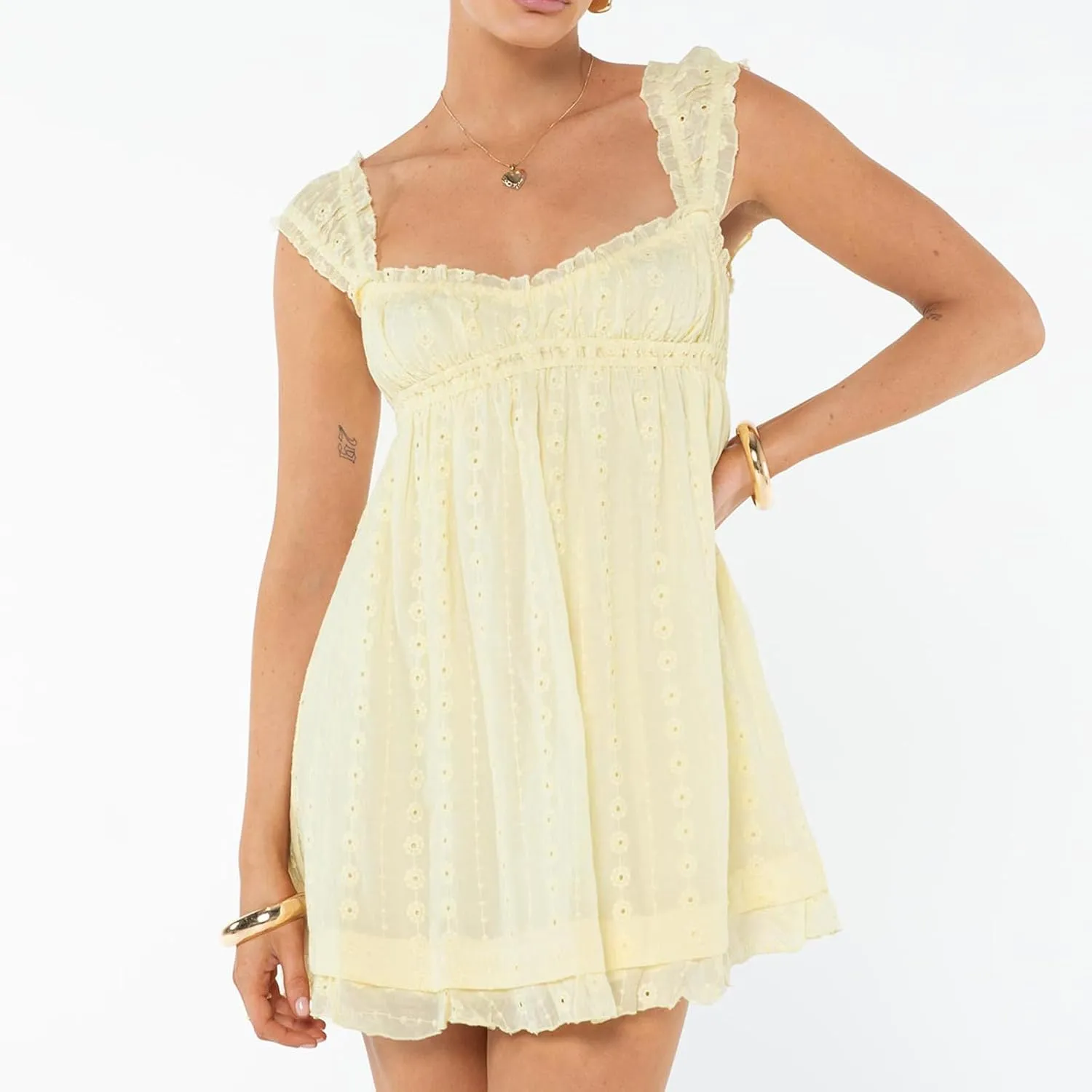 Women Floral Embroidery Mini Dress Sleeveless Ruffle A-line Loose Flowy Short Dress Beach Party Graduation Dress