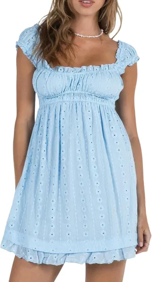 Women Floral Embroidery Mini Dress Sleeveless Ruffle A-line Loose Flowy Short Dress Beach Party Graduation Dress