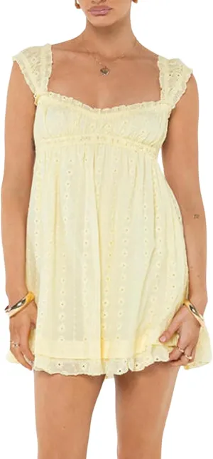 Women Floral Embroidery Mini Dress Sleeveless Ruffle A-line Loose Flowy Short Dress Beach Party Graduation Dress