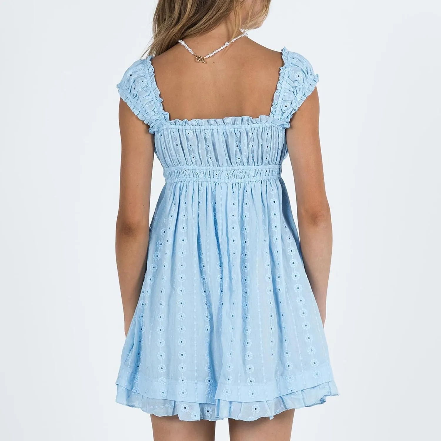 Women Floral Embroidery Mini Dress Sleeveless Ruffle A-line Loose Flowy Short Dress Beach Party Graduation Dress