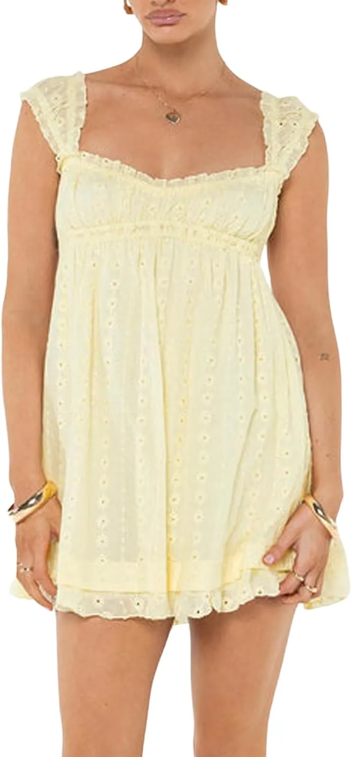 Women Floral Embroidery Mini Dress Sleeveless Ruffle A-line Loose Flowy Short Dress Beach Party Graduation Dress