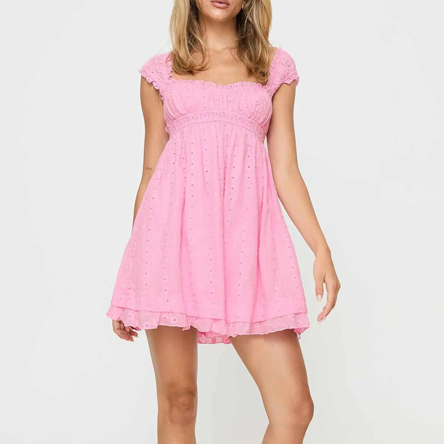 Women Floral Embroidery Mini Dress Sleeveless Ruffle A-line Loose Flowy Short Dress Beach Party Graduation Dress