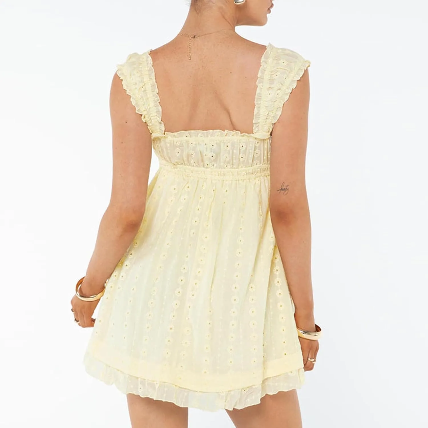 Women Floral Embroidery Mini Dress Sleeveless Ruffle A-line Loose Flowy Short Dress Beach Party Graduation Dress