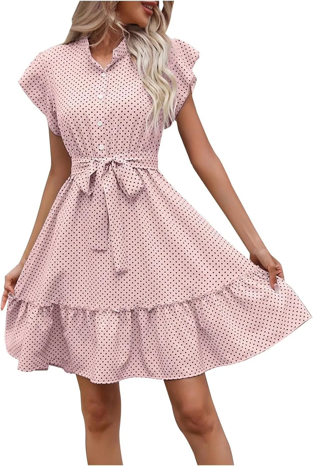 Women Floral Mini Dress Sexy V Neck Ruffle Sleeve Polka Dot Summer Dresses Summer Swiss Dot Flowy Short Mini Sundress