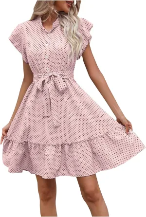Women Floral Mini Dress Sexy V Neck Ruffle Sleeve Polka Dot Summer Dresses Summer Swiss Dot Flowy Short Mini Sundress