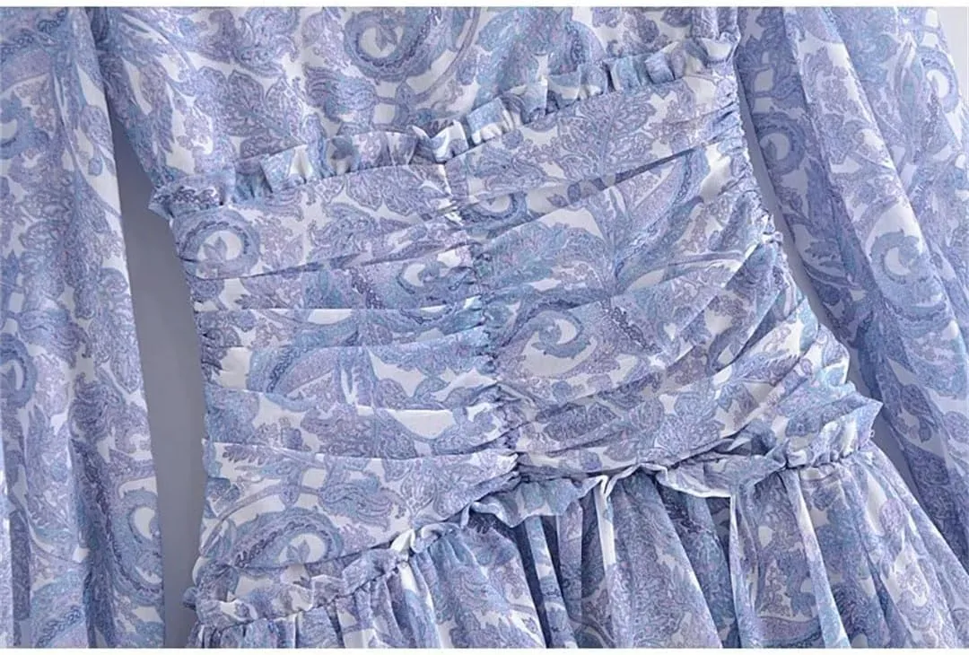 Women Floral Print Chiffon Mini Robe Ruffles V Neck Buttons Slim Waist Long Sleeve Holiday Dresses
