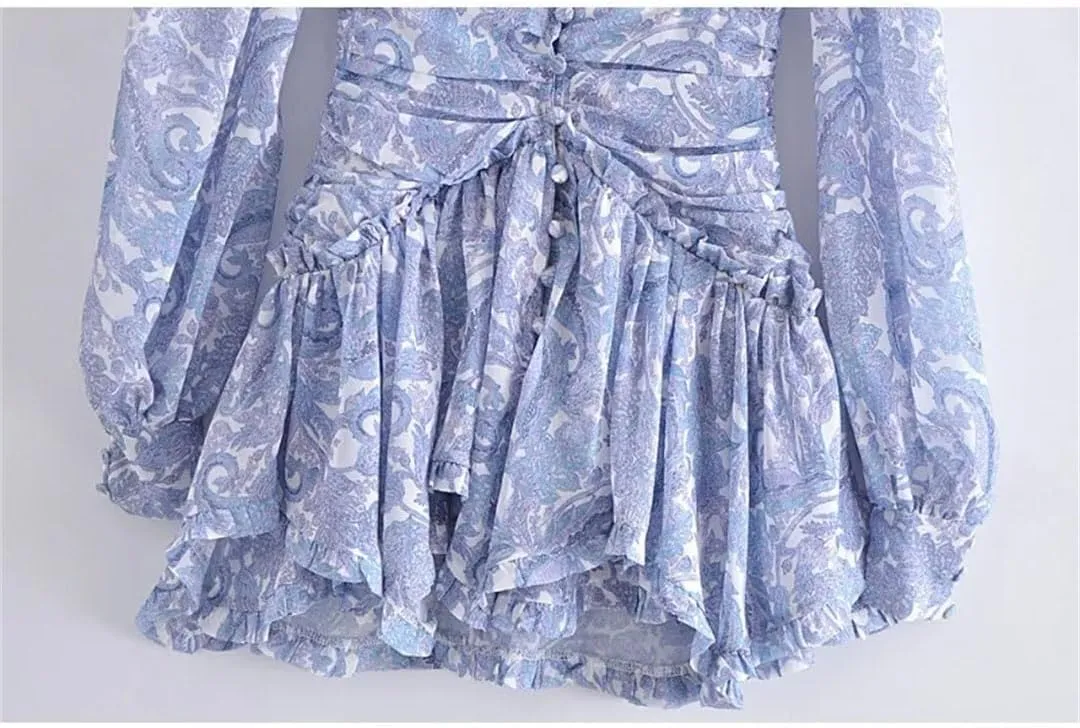 Women Floral Print Chiffon Mini Robe Ruffles V Neck Buttons Slim Waist Long Sleeve Holiday Dresses