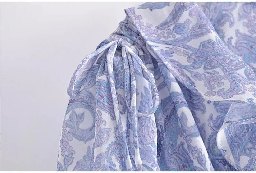 Women Floral Print Chiffon Mini Robe Ruffles V Neck Buttons Slim Waist Long Sleeve Holiday Dresses