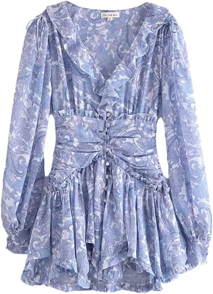 Women Floral Print Chiffon Mini Robe Ruffles V Neck Buttons Slim Waist Long Sleeve Holiday Dresses