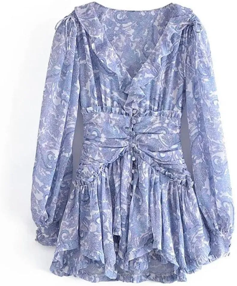 Women Floral Print Chiffon Mini Robe Ruffles V Neck Buttons Slim Waist Long Sleeve Holiday Dresses