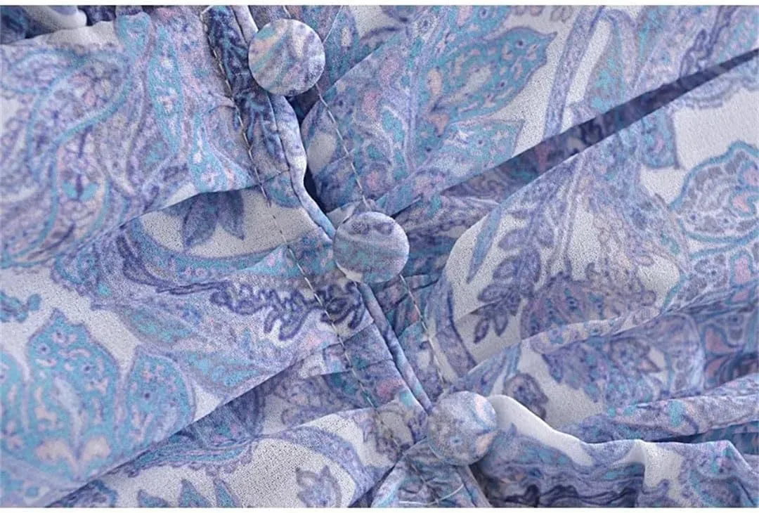 Women Floral Print Chiffon Mini Robe Ruffles V Neck Buttons Slim Waist Long Sleeve Holiday Dresses