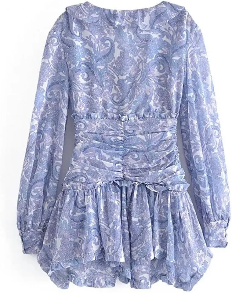 Women Floral Print Chiffon Mini Robe Ruffles V Neck Buttons Slim Waist Long Sleeve Holiday Dresses