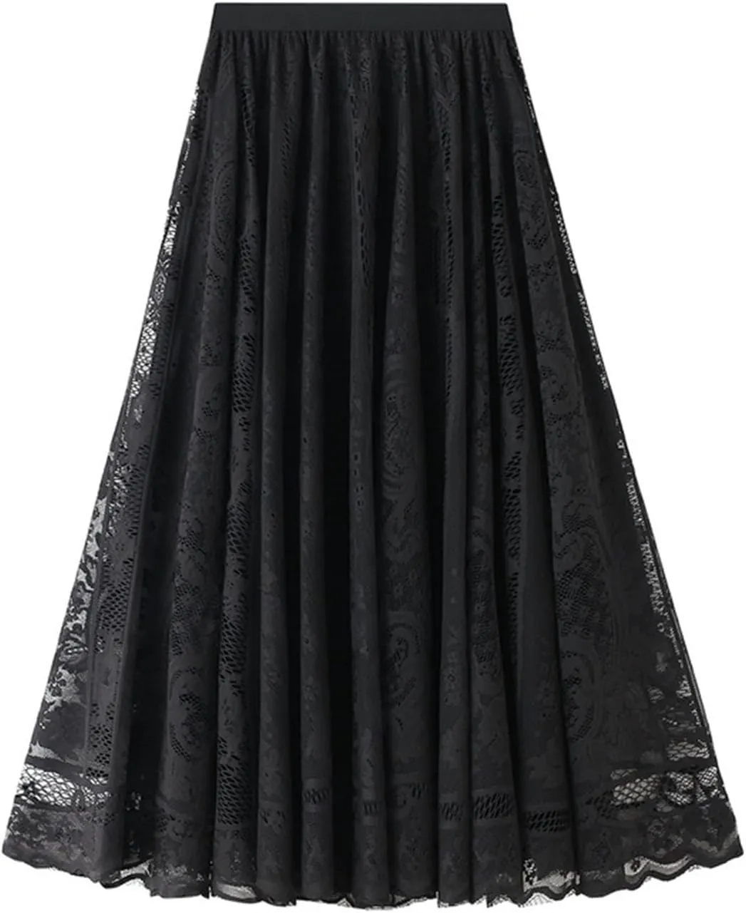 Women High Waist Pleated A-Line Lace Midi Skirt Double Layers Party Skirt