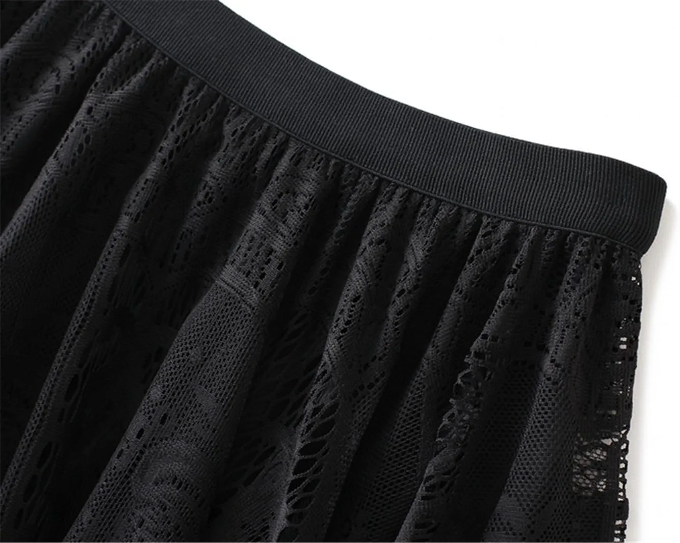 Women High Waist Pleated A-Line Lace Midi Skirt Double Layers Party Skirt