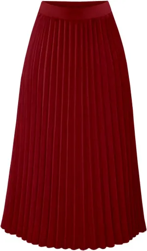 Women Pleated Chiffon Flare Skirt Trendy Midi Swing A-line Skirt Dressy Plain High Elastic Waist Elegant Long Skirts