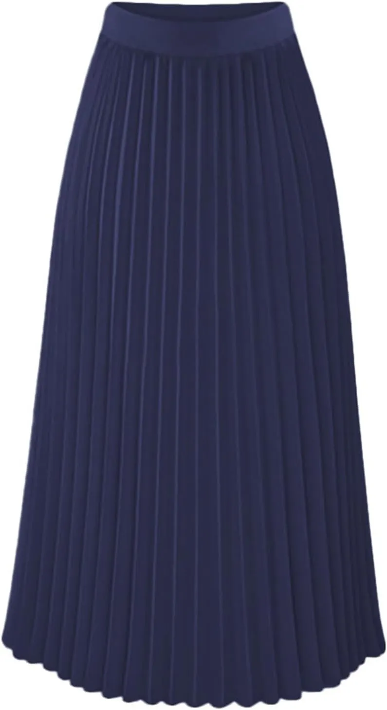 Women Pleated Chiffon Flare Skirt Trendy Midi Swing A-line Skirt Dressy Plain High Elastic Waist Elegant Long Skirts