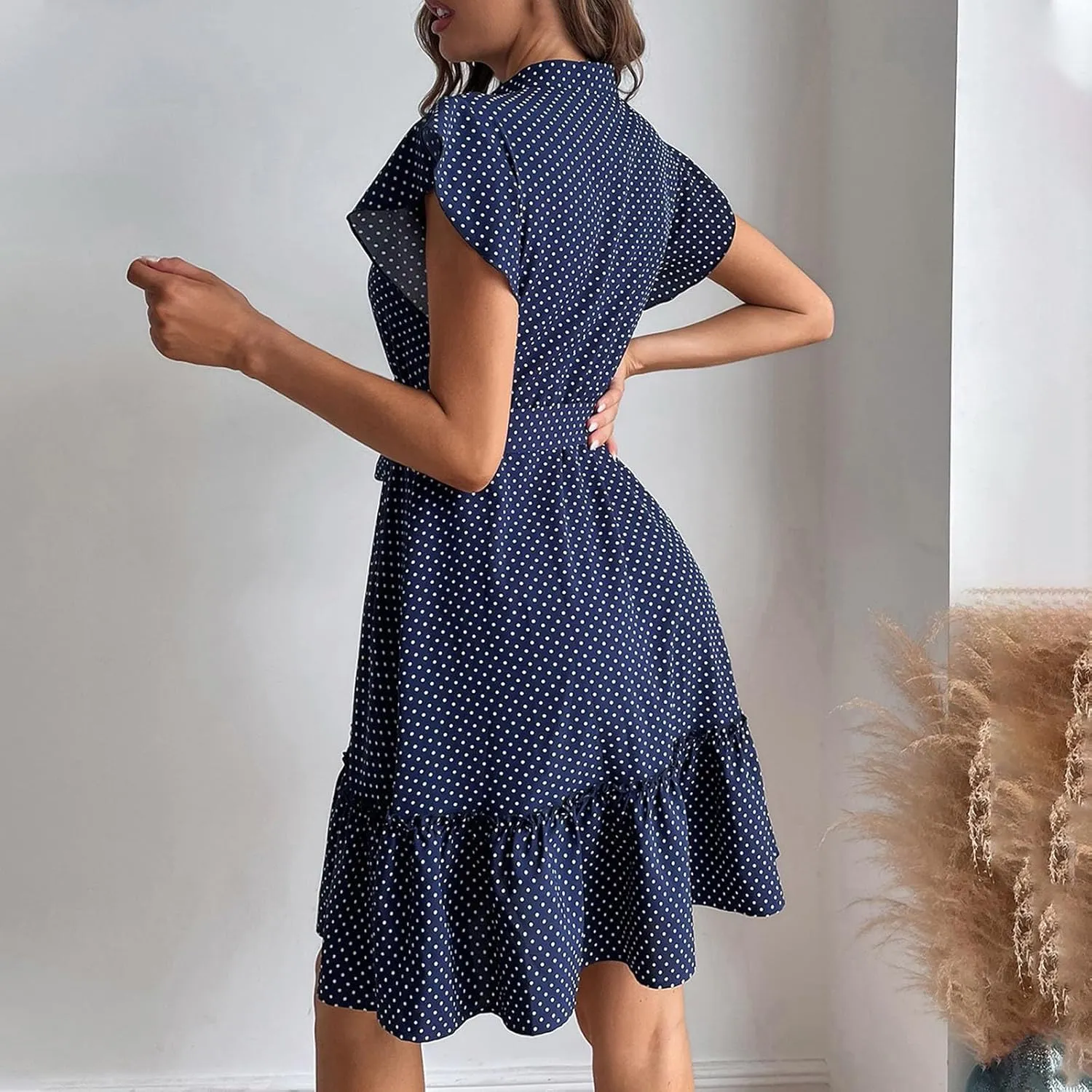 Women Polk Dot Flutter Sleeve Dress Button Down Stand Collar A-Line Shirt Dresses with Belt Summer Ruffle Hem Mini Dress