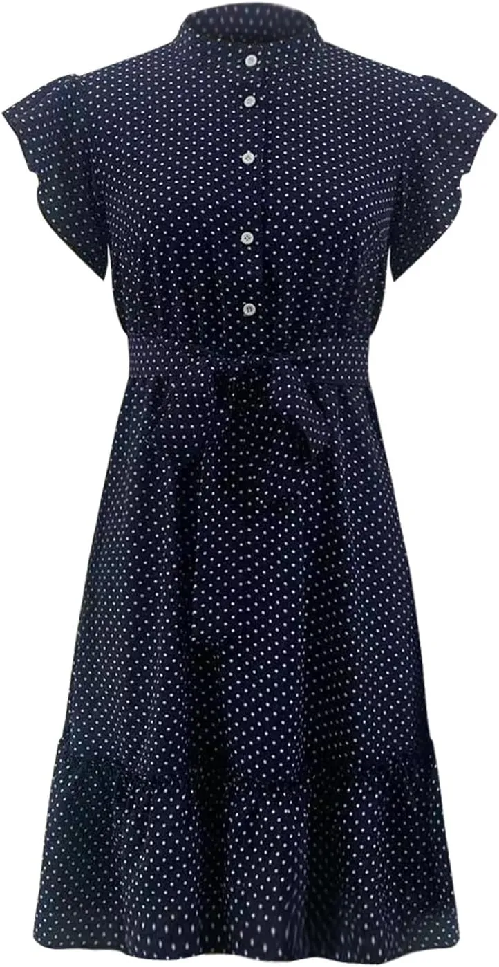 Women Polk Dot Flutter Sleeve Dress Button Down Stand Collar A-Line Shirt Dresses with Belt Summer Ruffle Hem Mini Dress