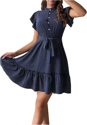 Women Polk Dot Flutter Sleeve Dress Button Down Stand Collar A-Line Shirt Dresses with Belt Summer Ruffle Hem Mini Dress