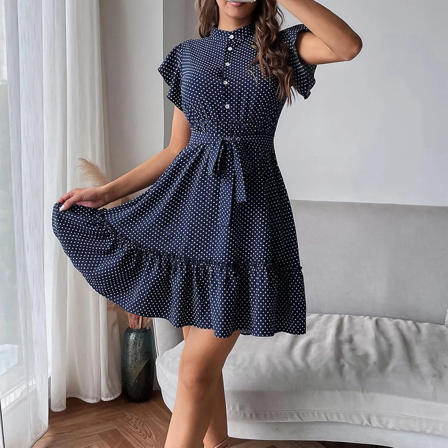 Women Polk Dot Flutter Sleeve Dress Button Down Stand Collar A-Line Shirt Dresses with Belt Summer Ruffle Hem Mini Dress