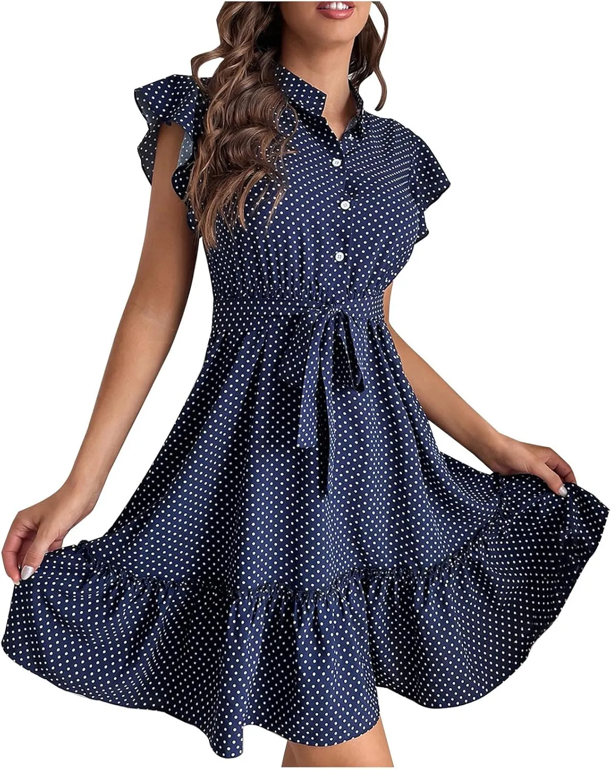 Women Polk Dot Flutter Sleeve Dress Button Down Stand Collar A-Line Shirt Dresses with Belt Summer Ruffle Hem Mini Dress