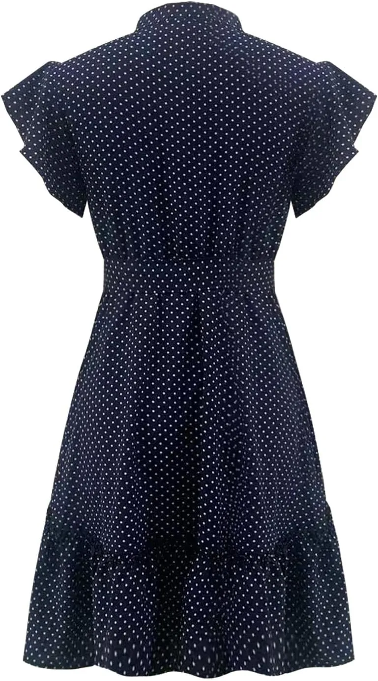 Women Polk Dot Flutter Sleeve Dress Button Down Stand Collar A-Line Shirt Dresses with Belt Summer Ruffle Hem Mini Dress