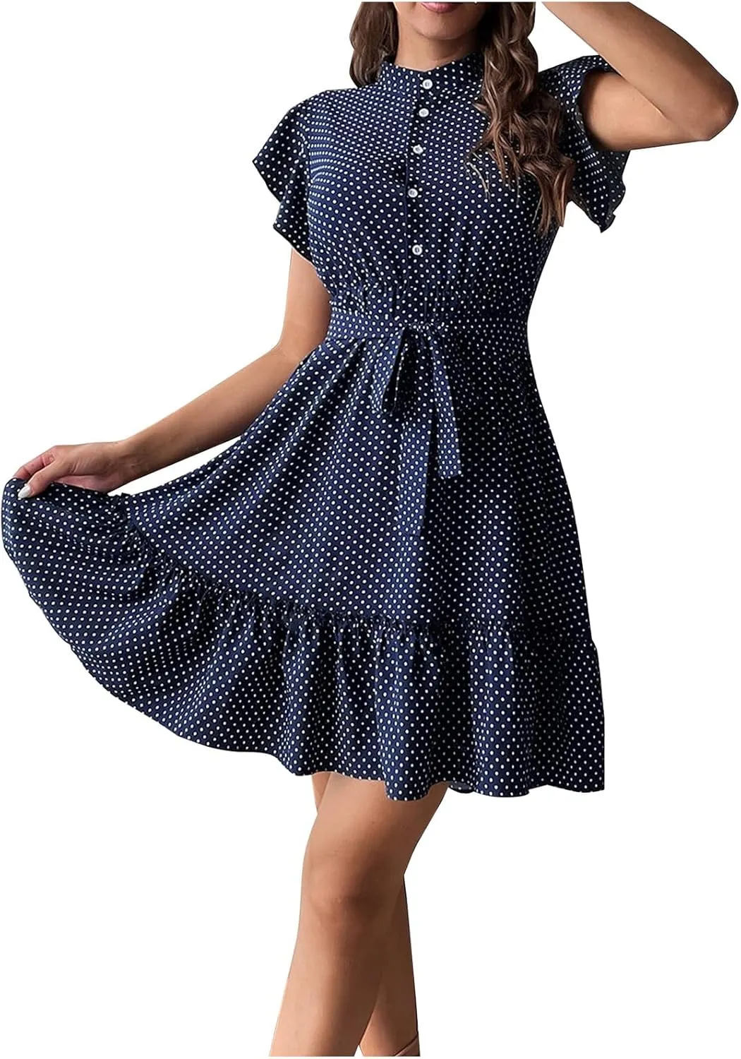Women Polk Dot Flutter Sleeve Dress Button Down Stand Collar A-Line Shirt Dresses with Belt Summer Ruffle Hem Mini Dress